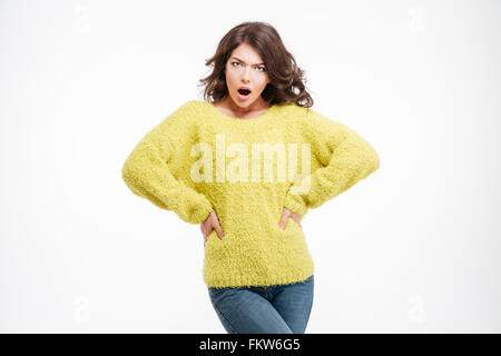 Böse Frau stand isoliert auf weißem Hintergrund Stockfoto