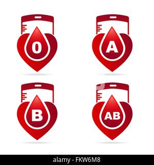 Blutgruppe. Kreative Blutgruppen zeigt in Form eines Herzen mit roten Blutstropfen und Beutel Blut Stock Vektor