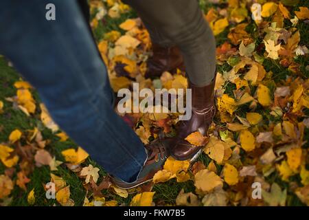 Beine und Füße auf Herbstlaub Mitte erwachsenes paar steht Stockfoto