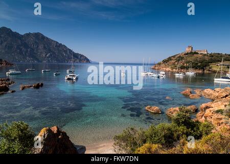 Erhöhten Blick Yachten in der Bucht verankert Girolata, Korsika, Frankreich Stockfoto