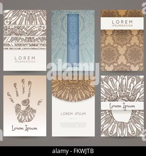 Satz von Vektor-Design-Vorlagen. Broschüren in zufälligen bunten Stil. Vintage-Rahmen und Hintergründe. Blume, Mandala Design. Stock Vektor