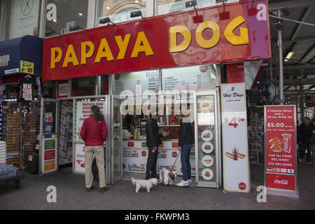 Papaya Hund eine beliebte Fast-Food Take away Gelenk in Midtown Manhattan. Stockfoto