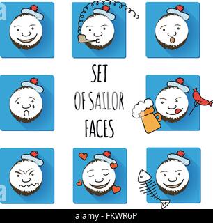 Satz von Sailor Gesichter. Lächelt. Spaß Stock Vektor