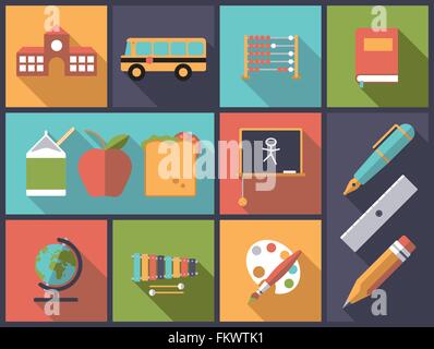 Horizontale flache Design Illustration mit Grundschule und Grundbildung Symbole Stock Vektor