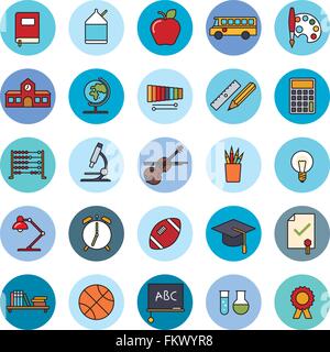 Sammlung von 25 Bildung, Schule, Hochschule und Universität im Zusammenhang mit gefüllten Zeile Symbole in blaue Kreise Stock Vektor