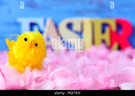 Nahaufnahme von einem gelben Spielzeug Küken umgeben von weichen rosa Federn und einige dreidimensionale Buchstaben bilden das Wort Ostern in der Stockfoto