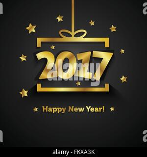 Goldenen Geschenkbox mit 2017 Happy New Year Grusskarte Stock Vektor