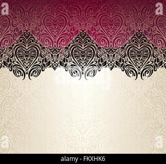 Modische rote Ecru und schwarz Vintage-Hintergrund-Design mit Herz-Ornamenten Stock Vektor