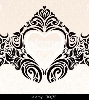 Vintage Hochzeit Ecru & schwarz modische Einladung Wallpaper Hintergrund mit Herz ornament Stock Vektor