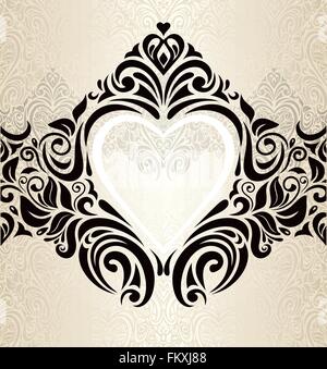 Vintage Hochzeit gold, Ecru & schwarz modische Einladung Wallpaper Hintergrund mit Herz ornament Stock Vektor