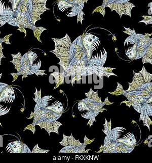Nahtlose Aquarell marine Textur mit Cartoon skizzieren Seeteufel auf schwarzem Hintergrund Stockfoto