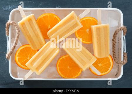 Hausgemachtes orange Joghurt Eis am Stiel in einem rustikalen Eis gefüllte Schale mit frischem Obst Scheiben Stockfoto