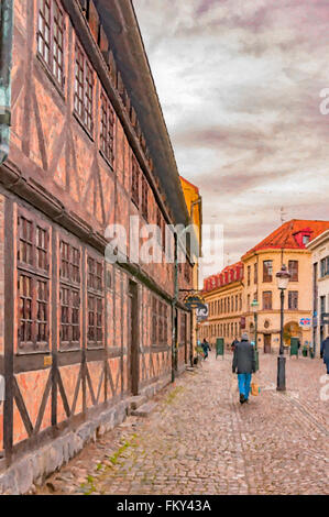 Digitale Malerei von einer der vielen malerischen kleinen Gassen der alten Stadt-Region von Malmö. Stockfoto