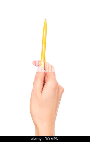 Weibliche Hand hält gelbe Stift. Stockfoto