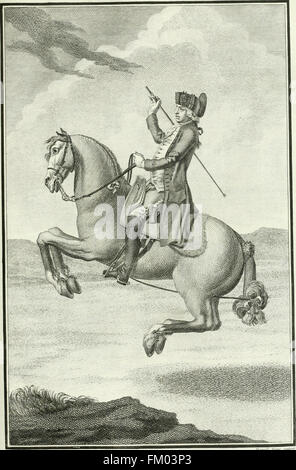 Dieses Werk aus dem Jahr 1790, „Luz da liberal, e nobre arte da cavallaria“, erforscht die edle Kunst der Reitkunst, die Prinz João von Brasilien gewidmet ist. Sie bietet Einblicke in die Traditionen und das Training des Reitsports. Stockfoto