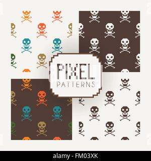 Satz von Vektor bunte und einfarbige Musterdesigns Pixel Schädel. Stock Vektor