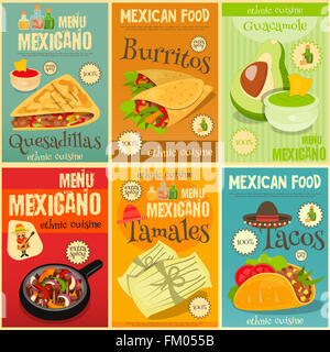 Mexikanisches Essen Menü Mini Poster Set mit traditionellen scharf essen. Stockfoto