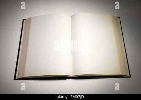 Leere weiße Seiten in ein offenes gebundenes Buch. Stockfoto