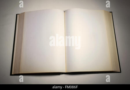 Leere weiße Seiten in ein offenes gebundenes Buch. Stockfoto