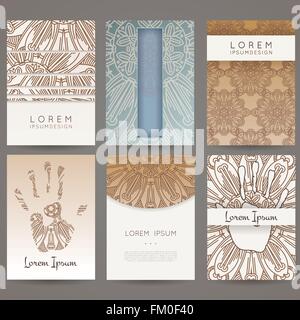 Satz von Vektor-Design-Vorlagen. Broschüren in zufälligen bunten Stil. Vintage-Rahmen und Hintergründe. Blume, Mandala Design. Stock Vektor