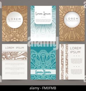 Satz von Vektor-Design-Vorlagen. Broschüren in zufälligen bunten Stil. Vintage-Rahmen und Hintergründe. Blume, Mandala Design. Stock Vektor