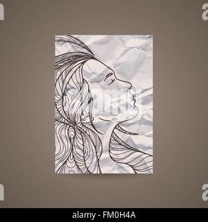 Vektor-Design-Vorlage mit schönen Mädchen Kopf auf zerknittertes Papier. Broschüre und Hintergrund. Schwarz und weiß. Stock Vektor