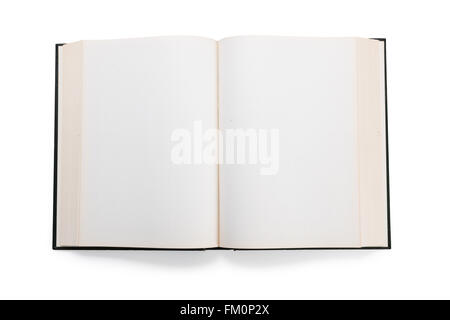 Leere weiße Seiten in ein offenes Hardcover Buch isoliert auf einem weißen Hintergrund. Stockfoto