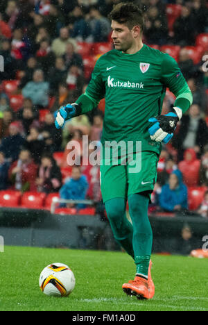 Bilbao, Spanien. 10. März 2016. Iago Herrerin (Torwart, Athletic Club) in Aktion während der Fußball-Spiel der Runde der letzten 16 des UEFA Europa League zwischen Athletic Club und Valencia CF im San Mames Stadion am 10. März 2016 in Bilbao, Spanien. Bildnachweis: David Gato/Alamy Live-Nachrichten Stockfoto