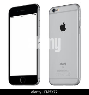 Varna, Bulgarien - 24. Oktober 2015: Vorderansicht der Space Grau Apple iPhone 6 s Mockup leicht im Uhrzeigersinn gedreht, mit weißer Bildschirm Stockfoto