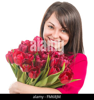 Porträt von schöne fröhliche Frau mit Tulpen Stockfoto