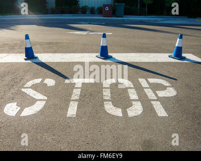 Stop-Schild auf einer Straße mit drei Leitkegel. Stockfoto