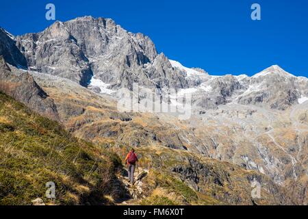 Frankreich, Hautes Alpes, Nationalpark Ecrins, La Chapelle de Valgaudemar, Wanderung zum Lake Lauzon (Alt: 2008m), Les Rouies (Alt: 3589 m) im Hintergrund Stockfoto