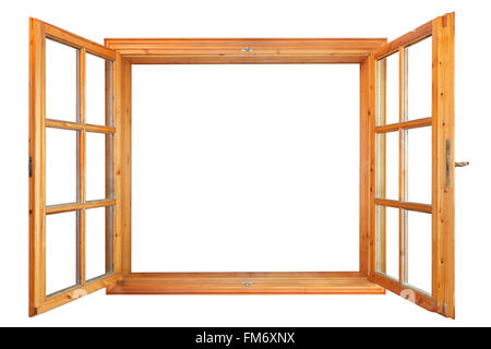 Holz Fenster isoliert auf weißem Hintergrund von innen Stockfoto