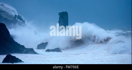 Sturmwellen brechen über ein Searrach und Bull's Head, Halbinsel Dingle, County Kerry, Irland. Stockfoto