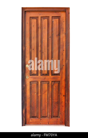 Hölzerne Tür eines Raumes isoliert auf weißem Hintergrund Stockfoto