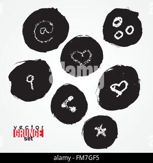 Satz des Vektors geroutet Flecken mit Schlüsselsymbol, Herz, an. Blots. Grunge. Stock Vektor
