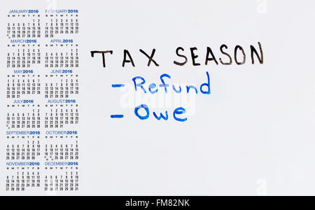 Kalender auf weiße Tafel mit Steuer-Konzept für entweder eine Rückerstattung oder Schulden. Stockfoto