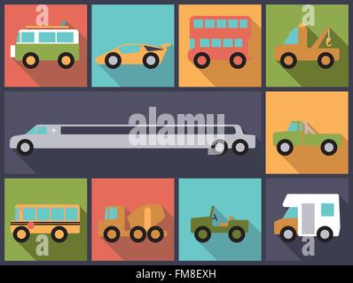 Flaches Design Illustration mit verschiedenen Autos, LKWs, Bussen und Transportern Stock Vektor