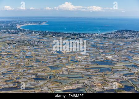 Frankreich, Loire-Atlantique, Guerande, Guerande Salzwiesen und La Baule Bay (Luftbild) Stockfoto