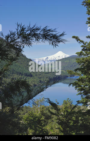 Blick vom Nationalpark Huerquehue über Lago Tinquilco und valdivianischen Wald auf den Vulkan Villarrica. Patagonien, Chile Stockfoto