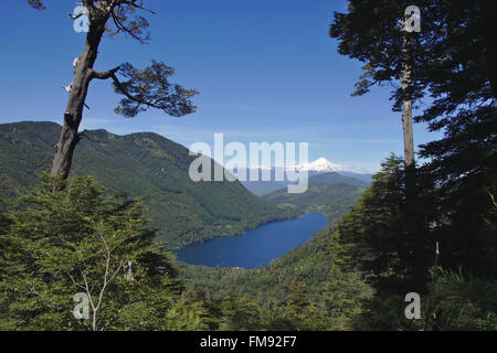 Blick vom Nationalpark Huerquehue über Lago Tinquilco und valdivianischen Wald auf den Vulkan Villarrica. Patagonien, Chile Stockfoto