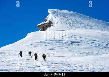 Italien, Piemont, Val Pellice, Backcountry Skifahrer, die Gruppe die Spitze der Praroussin erreichte Stockfoto