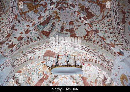 Dänemark, Mo, Fanefjord, Fanefjord Kirke-Kirche, Innenraum Fresken und Schiffsmodell Stockfoto