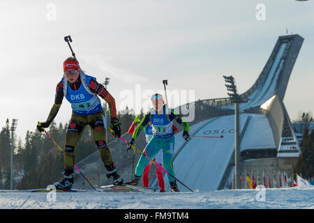 Holmenkollen, Oslo, Norwegen. 11. März 2016. IBU Biathlon Weltmeisterschaften. Franziska Hildebrand von Deutschland konkurriert in der Damen 4 x 6 km Staffelwettkampf während der IBU Biathlon-Meisterschaften in Holmenkollen Oslo, Norwegen. Bildnachweis: Aktion Plus Sport/Alamy Live-Nachrichten Stockfoto