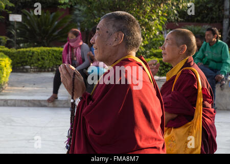 Kathmandu, Nepal - 20. Oktober 2014: Zwei Mönche beten in einem buddhistischen Tempel. Stockfoto