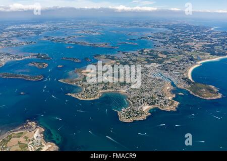 Frankreich, Morbihan, Arzon, Pointe de Kerpenhir, Golf von Morbihan Mund, Port Navalo, Arzon und Le Crouesty Marina (Luftbild) Stockfoto