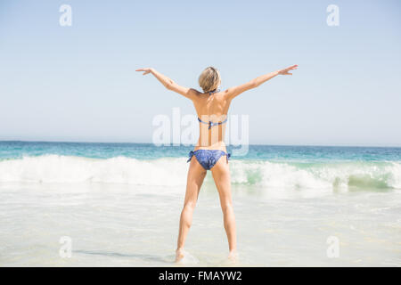 Rückansicht der Frau im Bikini stehen am Strand Stockfoto