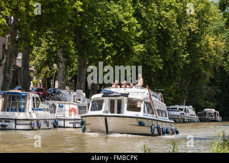 Canal Du Midi, Radfahren, Schifffahrt, Boote, Aude, Carcassonne, Süden, Frankreich, Europa, Stockfoto