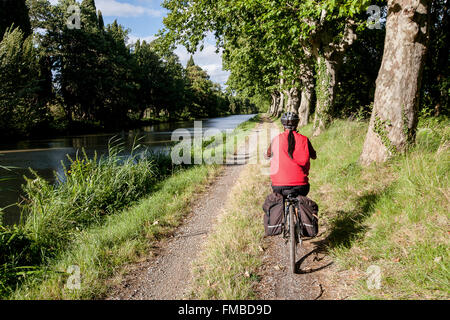 Canal Du Midi, Radfahren, Schifffahrt, Boote, Aude, Carcassonne, Süden, Frankreich, Europa, Stockfoto