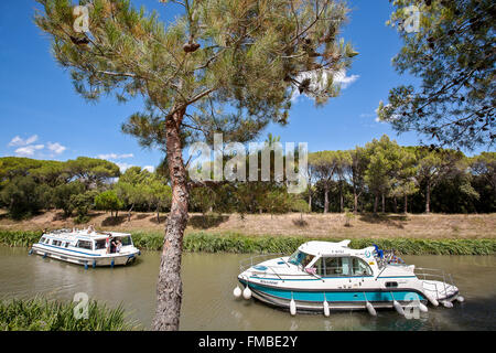 Canal Du Midi, Radfahren, Schifffahrt, Boote, Aude, Carcassonne, Süden, Frankreich, Europa, Stockfoto